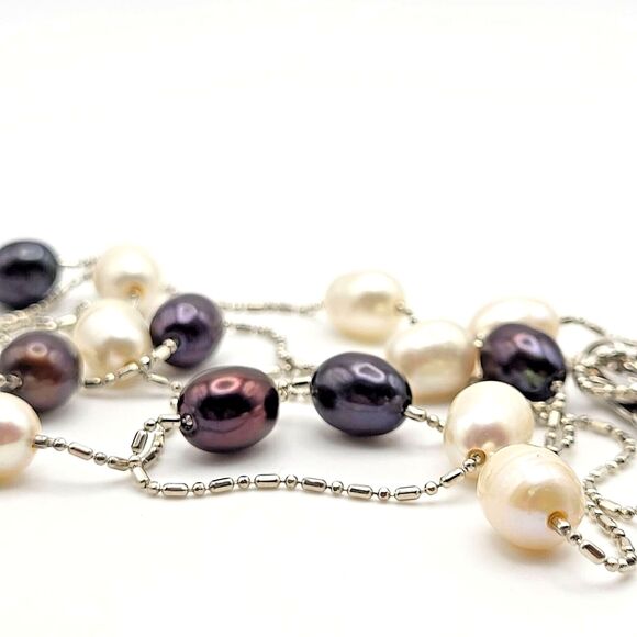 3 Colored Station Freshwater Pearls 34" Silvertone Chain Necklace - Picture 3 of 3